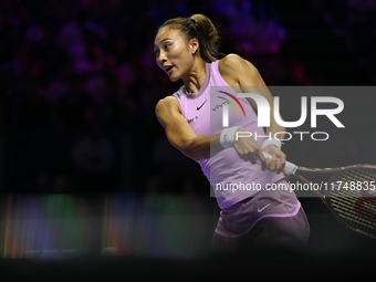 RIYADH, SAUDI ARABIA - NOVEMBER 06: Quinwen Zheng of China during her match against Jasmine Paolini of Italy, on Day 5 of the 2024 WTA Final...