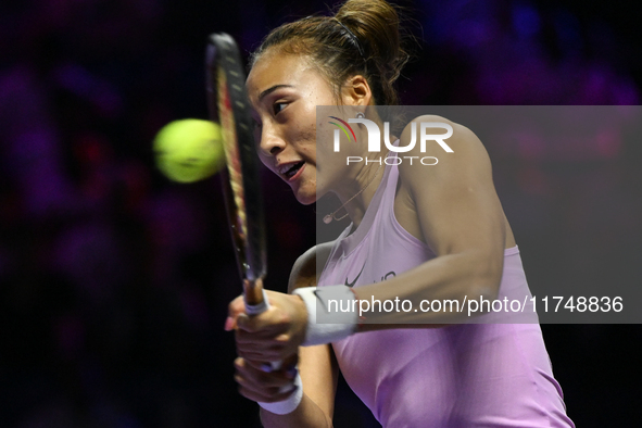 RIYADH, SAUDI ARABIA - NOVEMBER 06: Quinwen Zheng of China during her match against Jasmine Paolini of Italy, on Day 5 of the 2024 WTA Final...