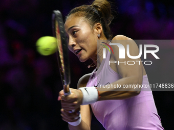 RIYADH, SAUDI ARABIA - NOVEMBER 06: Quinwen Zheng of China during her match against Jasmine Paolini of Italy, on Day 5 of the 2024 WTA Final...