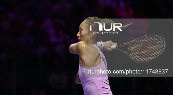 RIYADH, SAUDI ARABIA - NOVEMBER 06: Quinwen Zheng of China during her match against Jasmine Paolini of Italy, on Day 5 of the 2024 WTA Final...