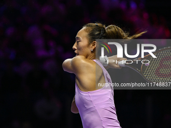 RIYADH, SAUDI ARABIA - NOVEMBER 06: Quinwen Zheng of China during her match against Jasmine Paolini of Italy, on Day 5 of the 2024 WTA Final...