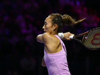 RIYADH, SAUDI ARABIA - NOVEMBER 06: Quinwen Zheng of China during her match against Jasmine Paolini of Italy, on Day 5 of the 2024 WTA Final...