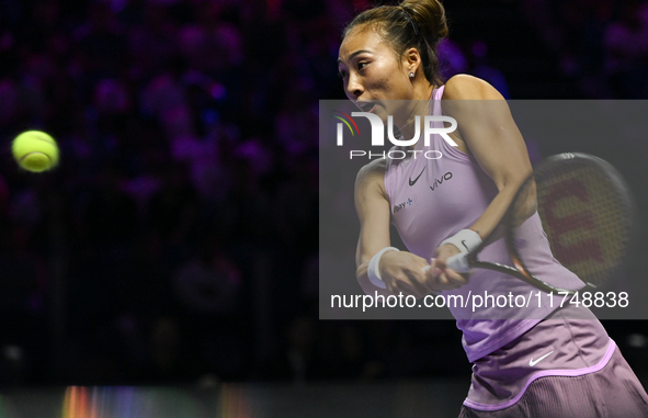 RIYADH, SAUDI ARABIA - NOVEMBER 06: Quinwen Zheng of China during her match against Jasmine Paolini of Italy, on Day 5 of the 2024 WTA Final...