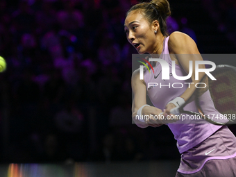 RIYADH, SAUDI ARABIA - NOVEMBER 06: Quinwen Zheng of China during her match against Jasmine Paolini of Italy, on Day 5 of the 2024 WTA Final...