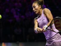 RIYADH, SAUDI ARABIA - NOVEMBER 06: Quinwen Zheng of China during her match against Jasmine Paolini of Italy, on Day 5 of the 2024 WTA Final...