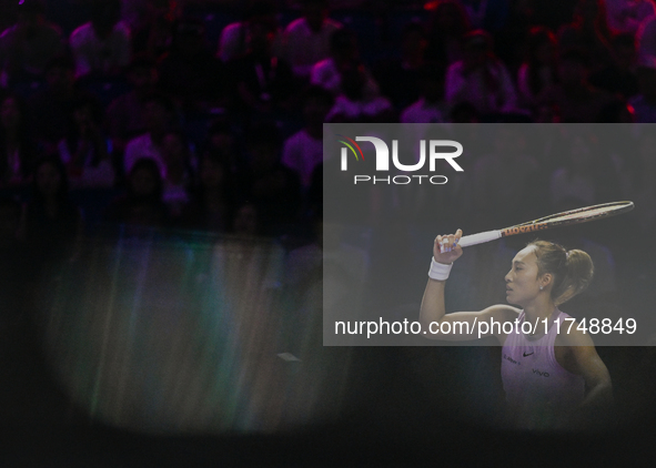 RIYADH, SAUDI ARABIA - NOVEMBER 06: Quinwen Zheng of China during her match against Jasmine Paolini of Italy, on Day 5 of the 2024 WTA Final...