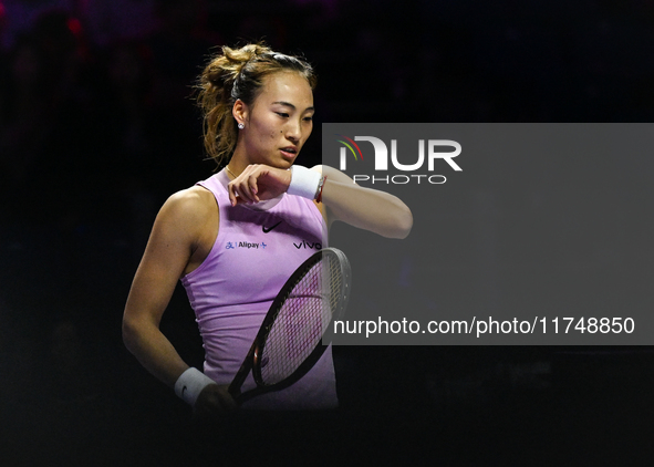 RIYADH, SAUDI ARABIA - NOVEMBER 06: Quinwen Zheng of China during her match against Jasmine Paolini of Italy, on Day 5 of the 2024 WTA Final...