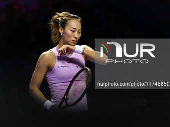 RIYADH, SAUDI ARABIA - NOVEMBER 06: Quinwen Zheng of China during her match against Jasmine Paolini of Italy, on Day 5 of the 2024 WTA Final...