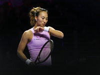 RIYADH, SAUDI ARABIA - NOVEMBER 06: Quinwen Zheng of China during her match against Jasmine Paolini of Italy, on Day 5 of the 2024 WTA Final...