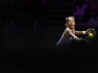 RIYADH, SAUDI ARABIA - NOVEMBER 06: Quinwen Zheng of China during her match against Jasmine Paolini of Italy, on Day 5 of the 2024 WTA Final...