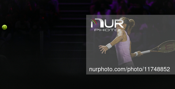 RIYADH, SAUDI ARABIA - NOVEMBER 06: Quinwen Zheng of China during her match against Jasmine Paolini of Italy, on Day 5 of the 2024 WTA Final...