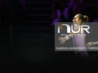 RIYADH, SAUDI ARABIA - NOVEMBER 06: Quinwen Zheng of China during her match against Jasmine Paolini of Italy, on Day 5 of the 2024 WTA Final...