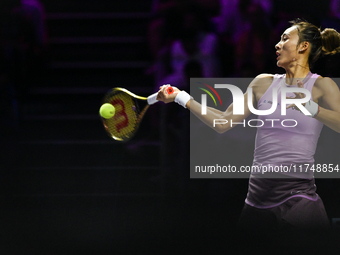 RIYADH, SAUDI ARABIA - NOVEMBER 06: Quinwen Zheng of China during her match against Jasmine Paolini of Italy, on Day 5 of the 2024 WTA Final...