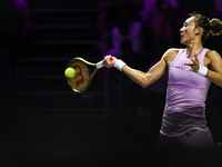 RIYADH, SAUDI ARABIA - NOVEMBER 06: Quinwen Zheng of China during her match against Jasmine Paolini of Italy, on Day 5 of the 2024 WTA Final...