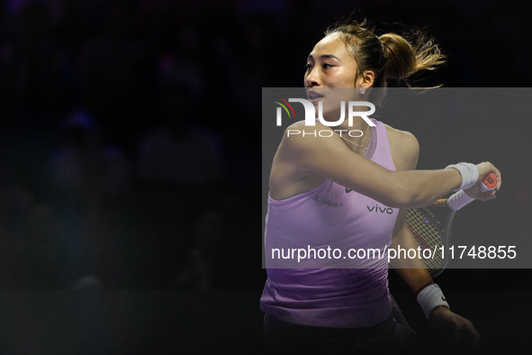 RIYADH, SAUDI ARABIA - NOVEMBER 06: Quinwen Zheng of China during her match against Jasmine Paolini of Italy, on Day 5 of the 2024 WTA Final...