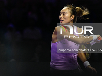 RIYADH, SAUDI ARABIA - NOVEMBER 06: Quinwen Zheng of China during her match against Jasmine Paolini of Italy, on Day 5 of the 2024 WTA Final...