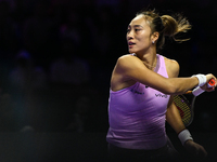 RIYADH, SAUDI ARABIA - NOVEMBER 06: Quinwen Zheng of China during her match against Jasmine Paolini of Italy, on Day 5 of the 2024 WTA Final...