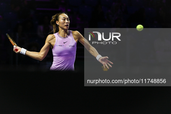 RIYADH, SAUDI ARABIA - NOVEMBER 06: Quinwen Zheng of China during her match against Jasmine Paolini of Italy, on Day 5 of the 2024 WTA Final...