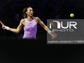 RIYADH, SAUDI ARABIA - NOVEMBER 06: Quinwen Zheng of China during her match against Jasmine Paolini of Italy, on Day 5 of the 2024 WTA Final...