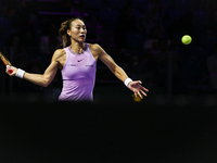 RIYADH, SAUDI ARABIA - NOVEMBER 06: Quinwen Zheng of China during her match against Jasmine Paolini of Italy, on Day 5 of the 2024 WTA Final...