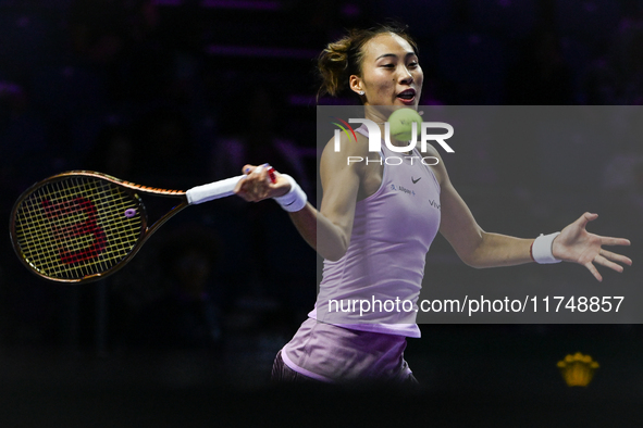 RIYADH, SAUDI ARABIA - NOVEMBER 06: Quinwen Zheng of China during her match against Jasmine Paolini of Italy, on Day 5 of the 2024 WTA Final...