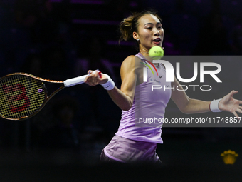 RIYADH, SAUDI ARABIA - NOVEMBER 06: Quinwen Zheng of China during her match against Jasmine Paolini of Italy, on Day 5 of the 2024 WTA Final...