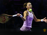 RIYADH, SAUDI ARABIA - NOVEMBER 06: Quinwen Zheng of China during her match against Jasmine Paolini of Italy, on Day 5 of the 2024 WTA Final...