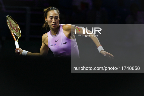 RIYADH, SAUDI ARABIA - NOVEMBER 06: Quinwen Zheng of China during her match against Jasmine Paolini of Italy, on Day 5 of the 2024 WTA Final...