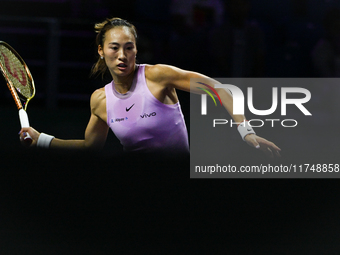 RIYADH, SAUDI ARABIA - NOVEMBER 06: Quinwen Zheng of China during her match against Jasmine Paolini of Italy, on Day 5 of the 2024 WTA Final...