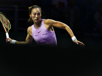 RIYADH, SAUDI ARABIA - NOVEMBER 06: Quinwen Zheng of China during her match against Jasmine Paolini of Italy, on Day 5 of the 2024 WTA Final...