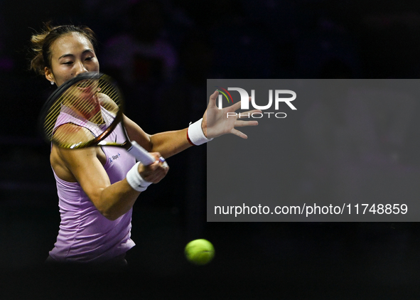 RIYADH, SAUDI ARABIA - NOVEMBER 06: Quinwen Zheng of China during her match against Jasmine Paolini of Italy, on Day 5 of the 2024 WTA Final...