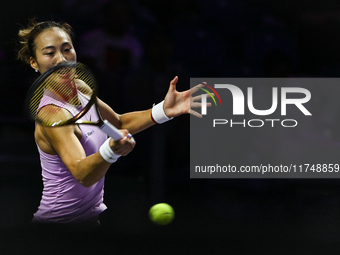 RIYADH, SAUDI ARABIA - NOVEMBER 06: Quinwen Zheng of China during her match against Jasmine Paolini of Italy, on Day 5 of the 2024 WTA Final...