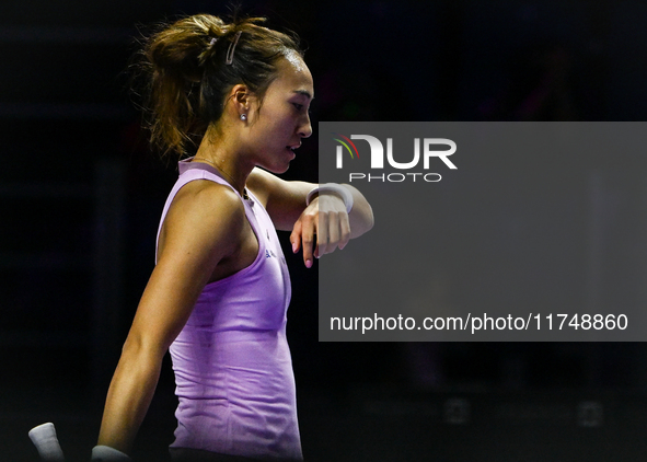 RIYADH, SAUDI ARABIA - NOVEMBER 06: Quinwen Zheng of China during her match against Jasmine Paolini of Italy, on Day 5 of the 2024 WTA Final...