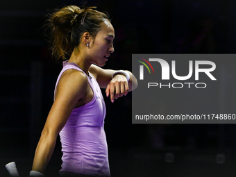 RIYADH, SAUDI ARABIA - NOVEMBER 06: Quinwen Zheng of China during her match against Jasmine Paolini of Italy, on Day 5 of the 2024 WTA Final...