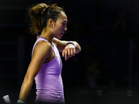 RIYADH, SAUDI ARABIA - NOVEMBER 06: Quinwen Zheng of China during her match against Jasmine Paolini of Italy, on Day 5 of the 2024 WTA Final...