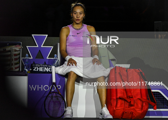 RIYADH, SAUDI ARABIA - NOVEMBER 06: Quinwen Zheng of China during her match against Jasmine Paolini of Italy, on Day 5 of the 2024 WTA Final...