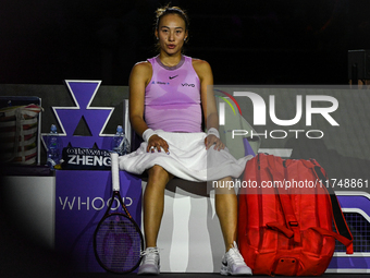 RIYADH, SAUDI ARABIA - NOVEMBER 06: Quinwen Zheng of China during her match against Jasmine Paolini of Italy, on Day 5 of the 2024 WTA Final...