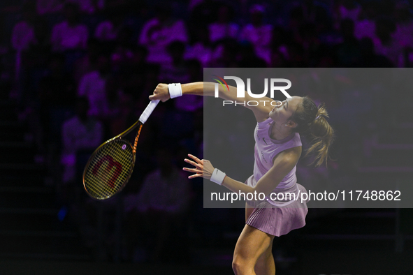 RIYADH, SAUDI ARABIA - NOVEMBER 06: Quinwen Zheng of China during her match against Jasmine Paolini of Italy, on Day 5 of the 2024 WTA Final...