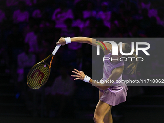 RIYADH, SAUDI ARABIA - NOVEMBER 06: Quinwen Zheng of China during her match against Jasmine Paolini of Italy, on Day 5 of the 2024 WTA Final...