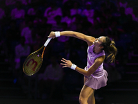 RIYADH, SAUDI ARABIA - NOVEMBER 06: Quinwen Zheng of China during her match against Jasmine Paolini of Italy, on Day 5 of the 2024 WTA Final...