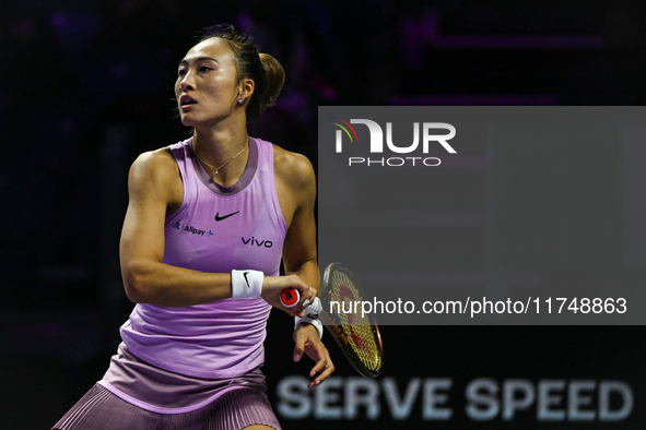 RIYADH, SAUDI ARABIA - NOVEMBER 06: Quinwen Zheng of China during her match against Jasmine Paolini of Italy, on Day 5 of the 2024 WTA Final...