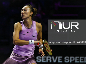 RIYADH, SAUDI ARABIA - NOVEMBER 06: Quinwen Zheng of China during her match against Jasmine Paolini of Italy, on Day 5 of the 2024 WTA Final...