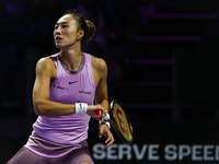 RIYADH, SAUDI ARABIA - NOVEMBER 06: Quinwen Zheng of China during her match against Jasmine Paolini of Italy, on Day 5 of the 2024 WTA Final...