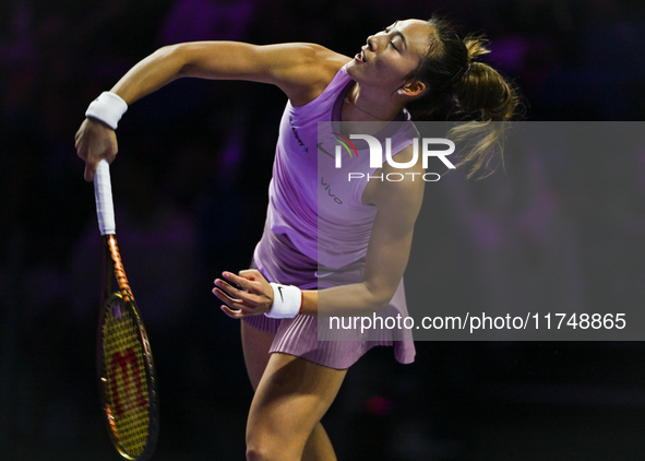 RIYADH, SAUDI ARABIA - NOVEMBER 06: Quinwen Zheng of China during her match against Jasmine Paolini of Italy, on Day 5 of the 2024 WTA Final...