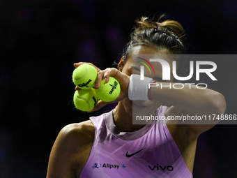 RIYADH, SAUDI ARABIA - NOVEMBER 06: Quinwen Zheng of China during her match against Jasmine Paolini of Italy, on Day 5 of the 2024 WTA Final...