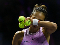 RIYADH, SAUDI ARABIA - NOVEMBER 06: Quinwen Zheng of China during her match against Jasmine Paolini of Italy, on Day 5 of the 2024 WTA Final...