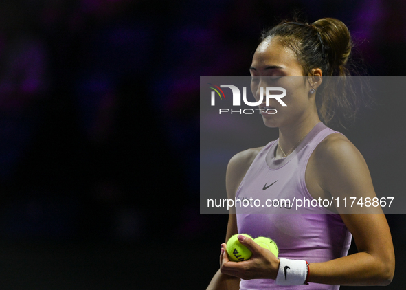 RIYADH, SAUDI ARABIA - NOVEMBER 06: Quinwen Zheng of China during her match against Jasmine Paolini of Italy, on Day 5 of the 2024 WTA Final...