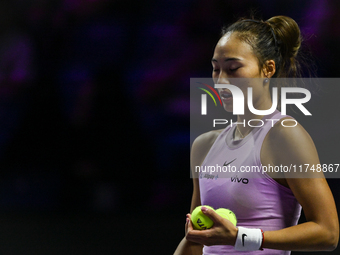 RIYADH, SAUDI ARABIA - NOVEMBER 06: Quinwen Zheng of China during her match against Jasmine Paolini of Italy, on Day 5 of the 2024 WTA Final...