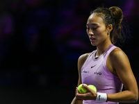 RIYADH, SAUDI ARABIA - NOVEMBER 06: Quinwen Zheng of China during her match against Jasmine Paolini of Italy, on Day 5 of the 2024 WTA Final...