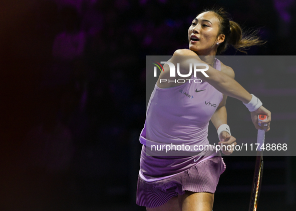 RIYADH, SAUDI ARABIA - NOVEMBER 06: Quinwen Zheng of China during her match against Jasmine Paolini of Italy, on Day 5 of the 2024 WTA Final...